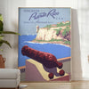 A travel poster featuring Puerto Rico's tropical landscape in earthy browns and greens - in a bright minimalist room with a plant and an armchair
