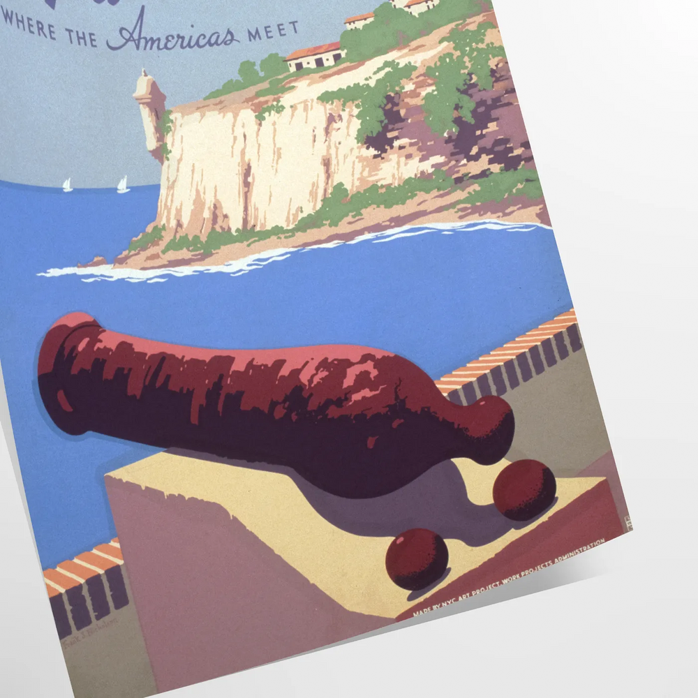 A travel poster featuring Puerto Rico's tropical landscape in earthy browns and greens
