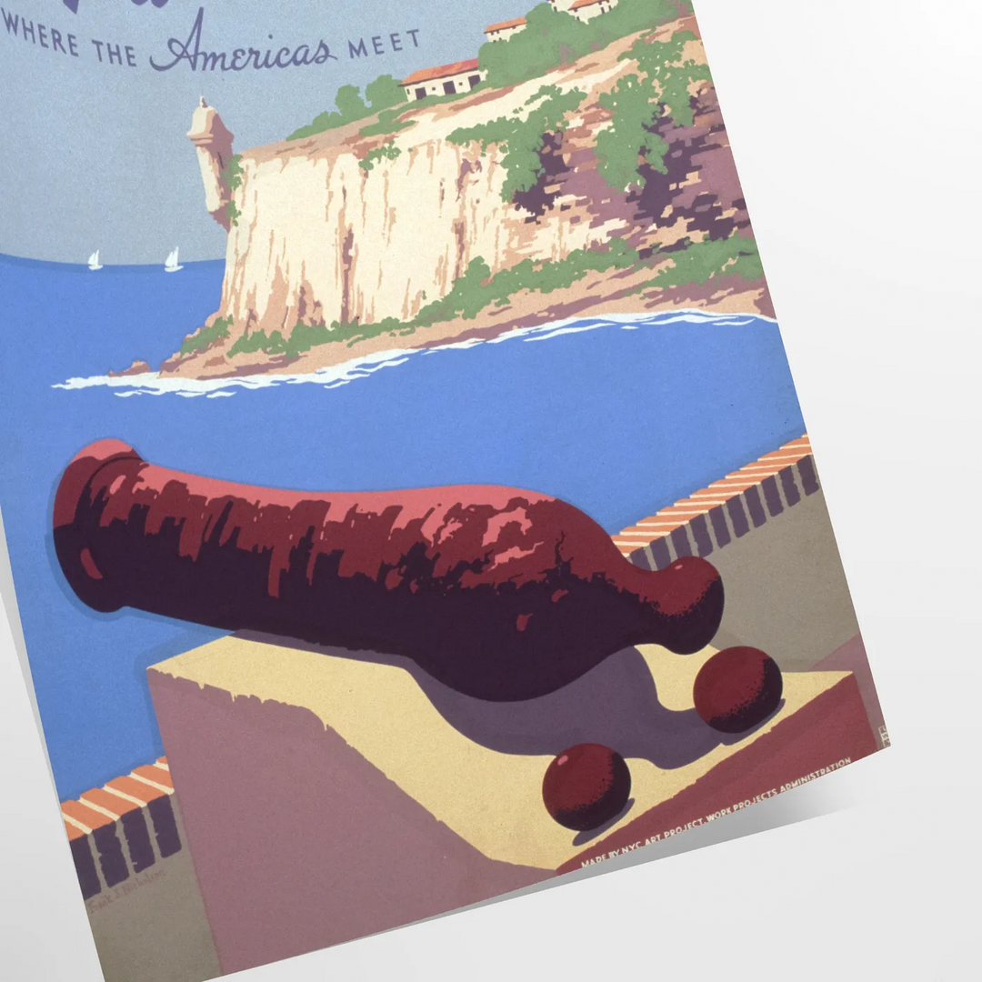 A travel poster featuring Puerto Rico's tropical landscape in earthy browns and greens - as a rolled, unframed print