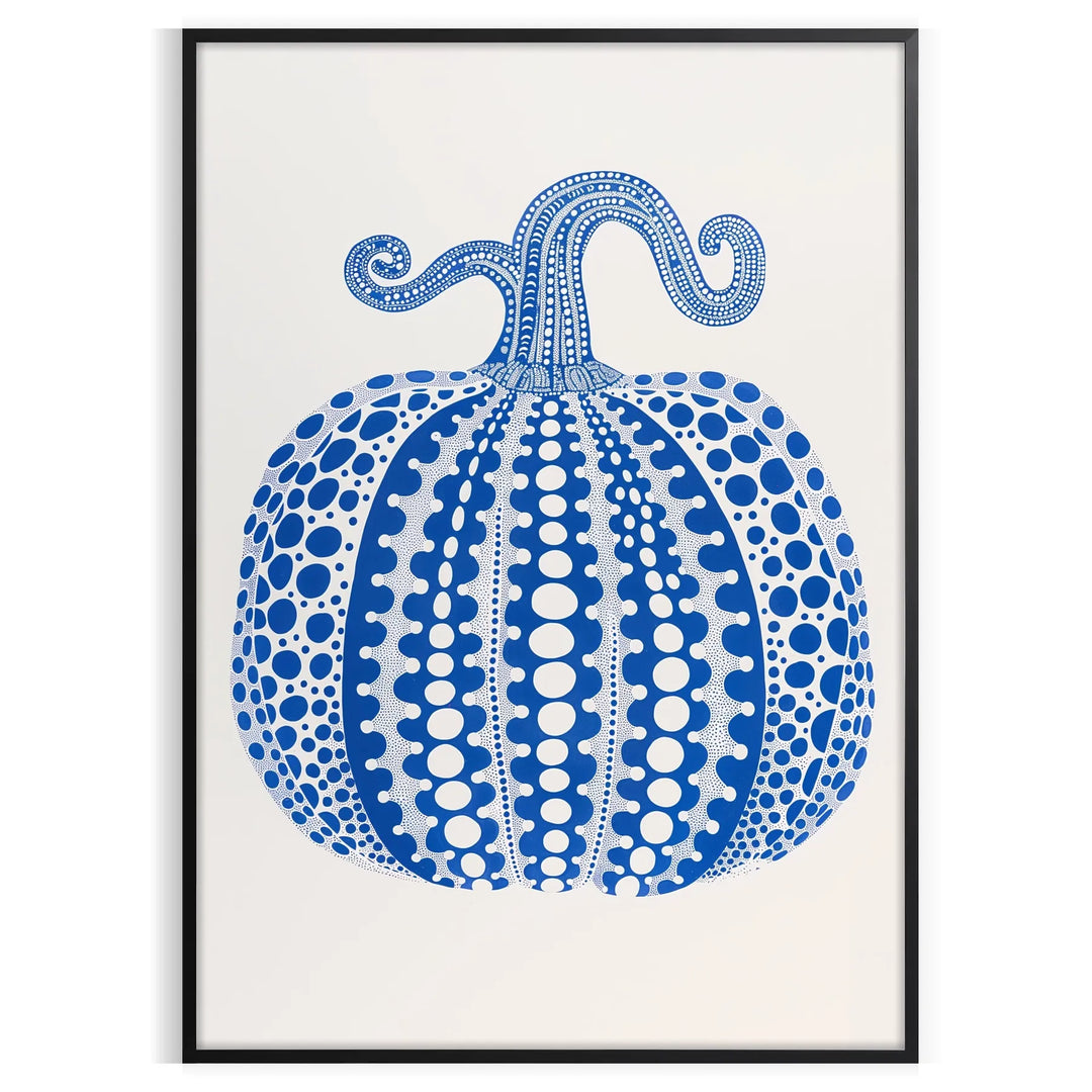 A whimsical pumpkin illustration in gray and blue tones against a textured background