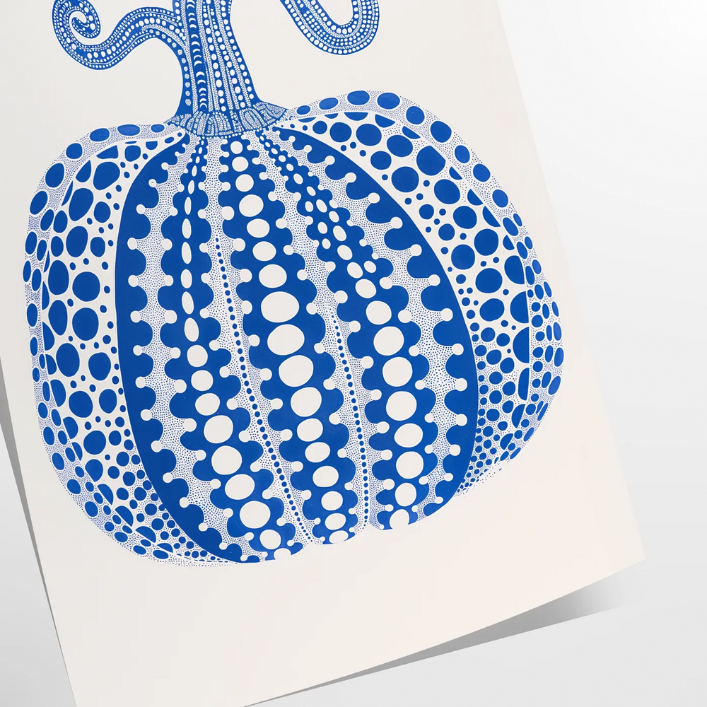 A whimsical pumpkin illustration in gray and blue tones against a textured background