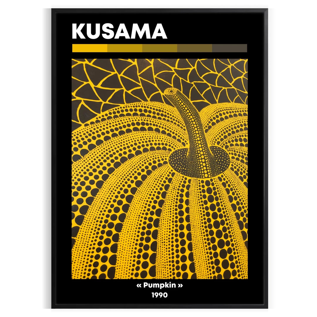 A pumpkin covered in polka dots by Yayoi Kusama, featuring bold black and orange colors