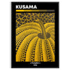 Dynia pokryta kropkami autorstwa Yayoi Kusama, w dominujących czerniach i pomarańczach - w czarnej ramie