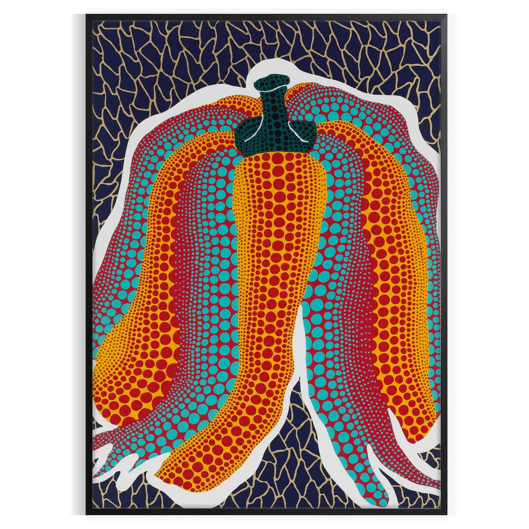A pumpkin covered in polka dots against a cosmic background in Yayoi Kusama's style