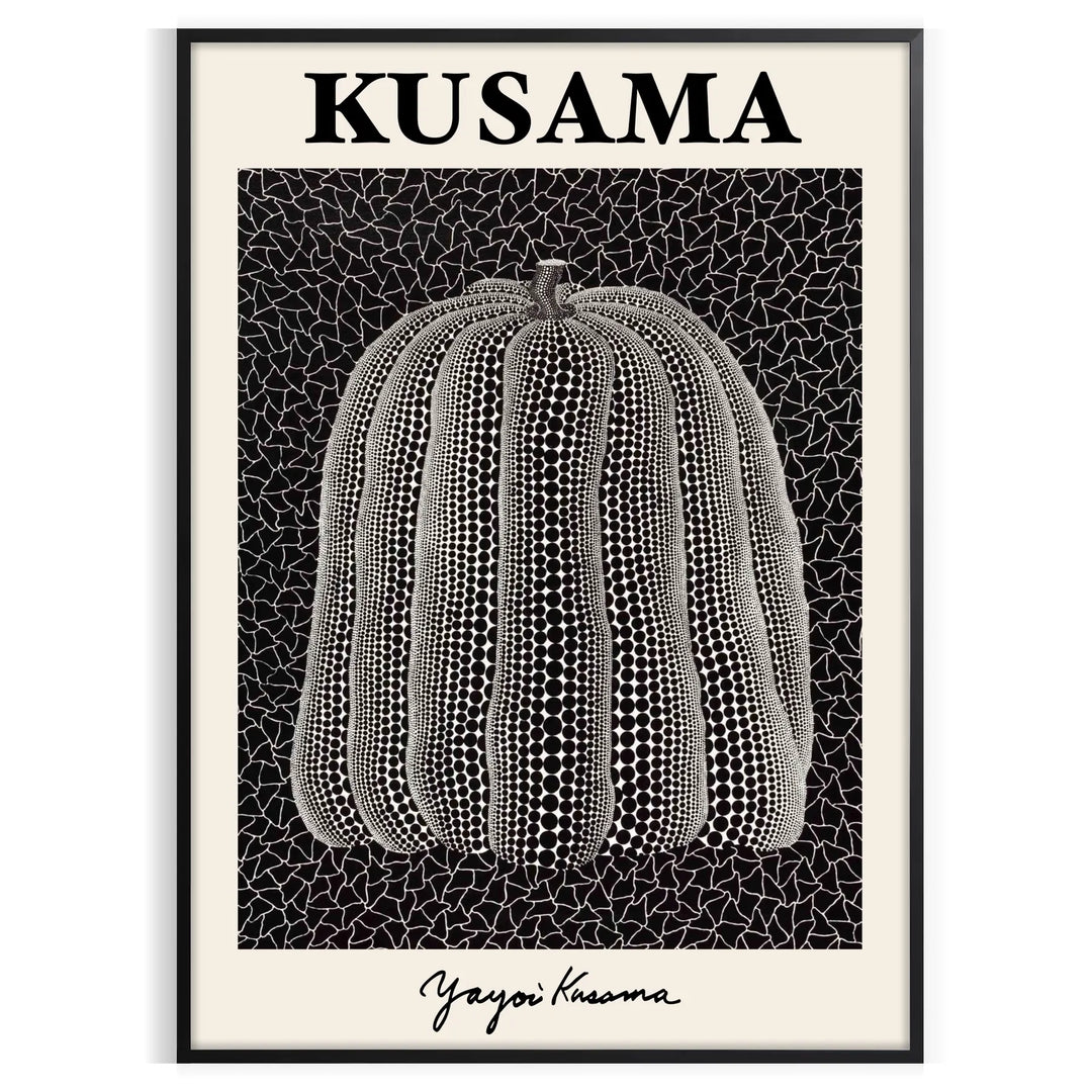 A bright orange pumpkin covered in black polka dots by Yayoi Kusama