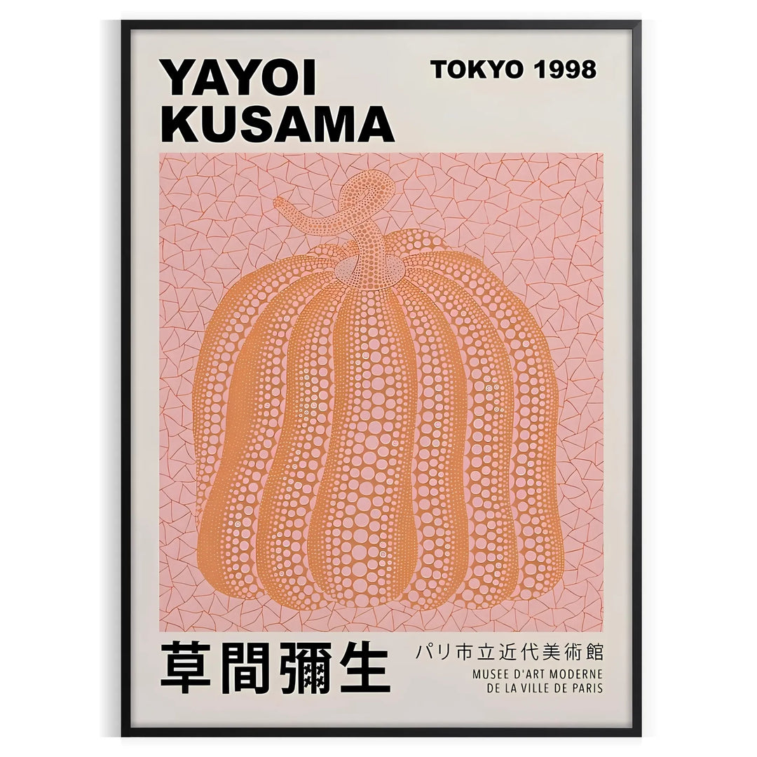 A pumpkin pattern in Yayoi Kusama's signature polka dot style with black and brown tones