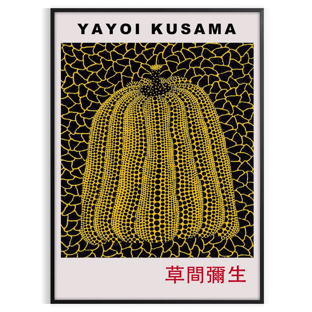 Yellow pumpkin with black polka dots in Yayoi Kusama's signature style