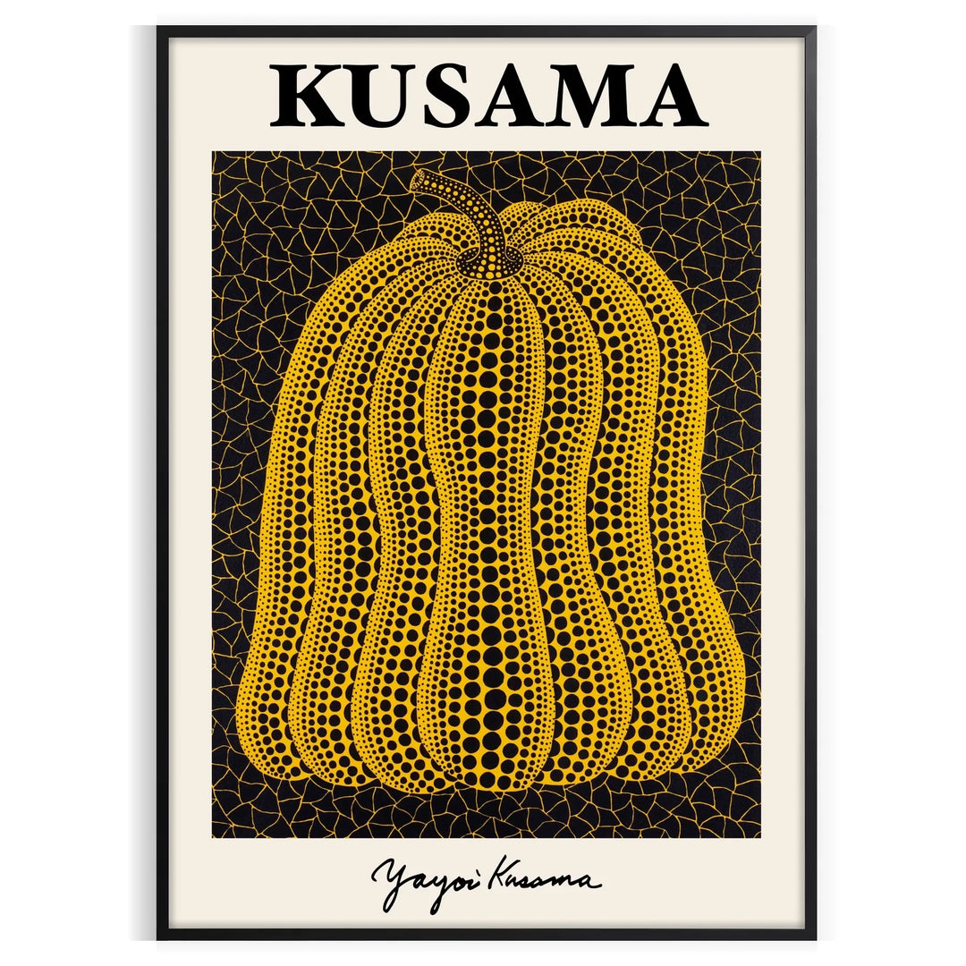 A pumpkin with polka dots in Yayoi Kusama's signature style, orange and black colors