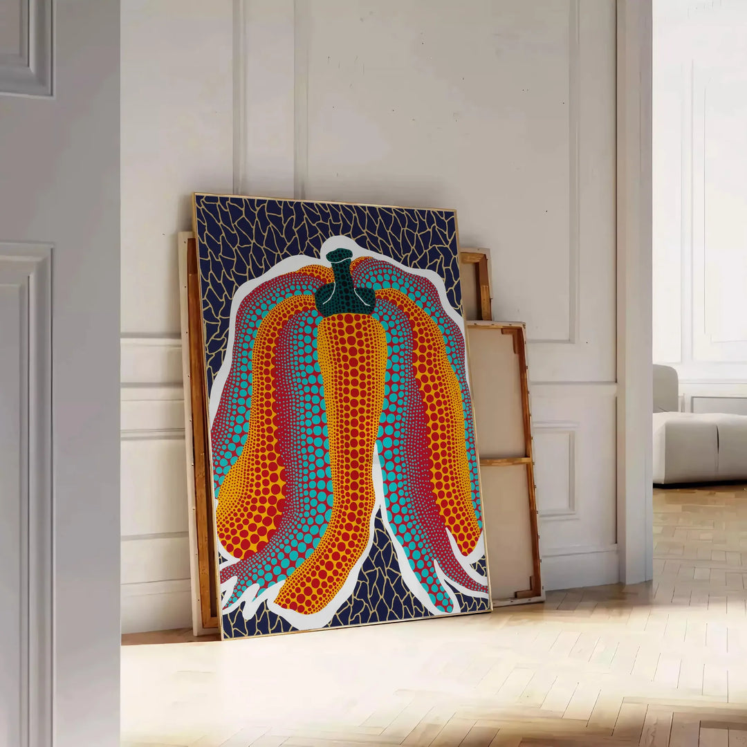 A pumpkin covered in polka dots against a cosmic background in Yayoi Kusama's style - leaning on a herringbone floor against a white panelled wall