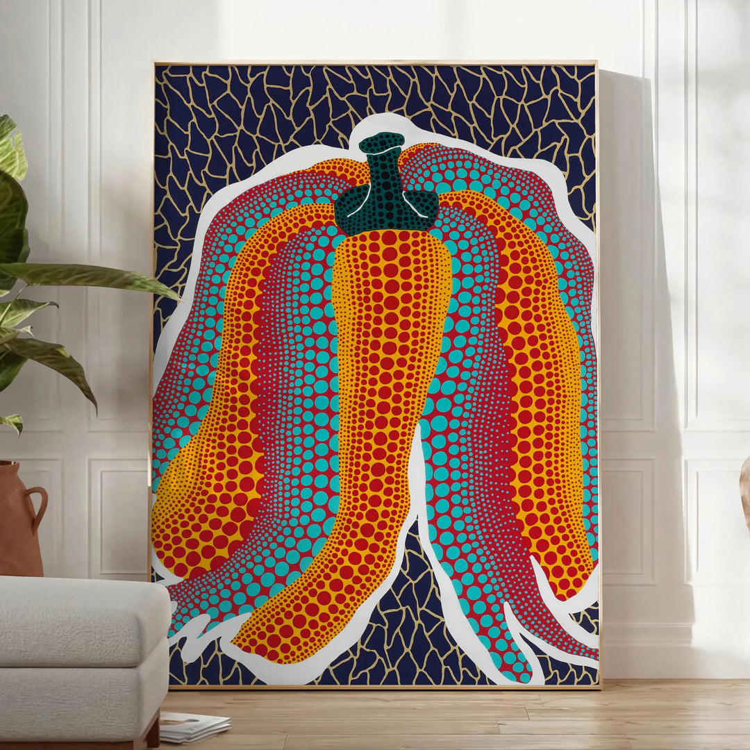 A pumpkin covered in polka dots against a cosmic background in Yayoi Kusama's style - in a bright minimalist room with a plant and an armchair