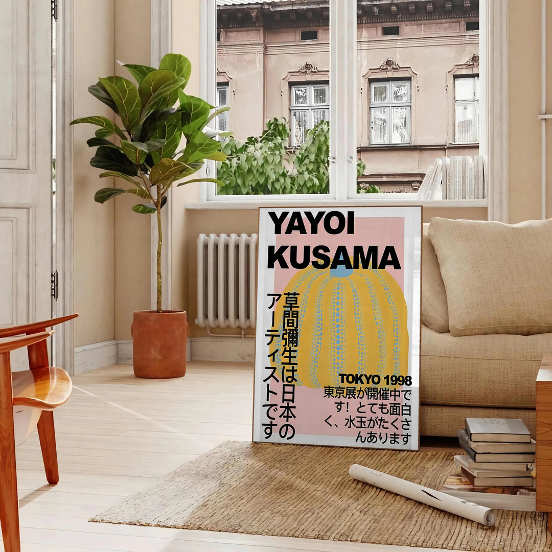 A pumpkin pattern in Yayoi Kusama's signature polka dot style with yellow and black colors - in a Parisian living room with a sofa and a fig plant