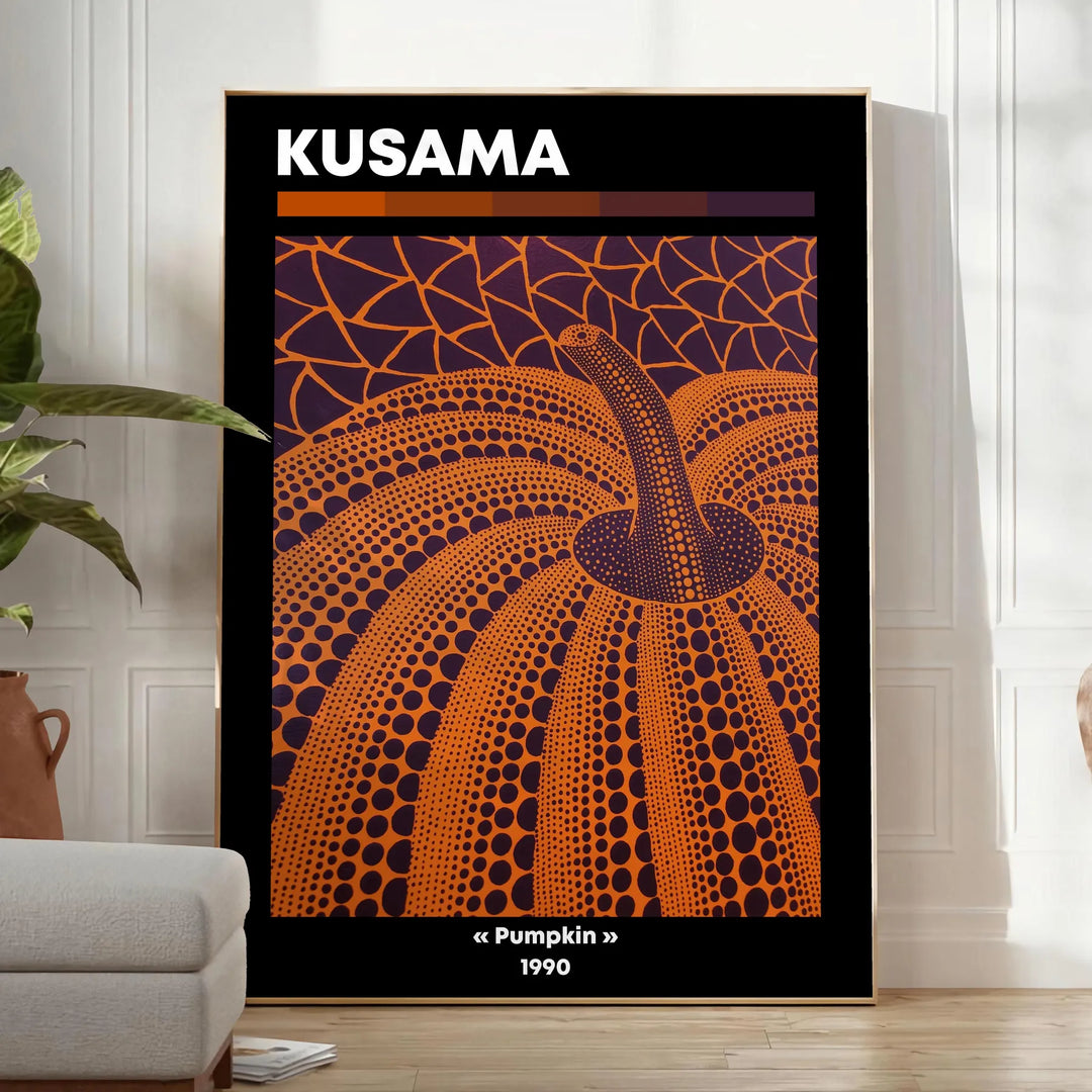 Orange pumpkin covered in black polka dots in Yayoi Kusama's style - in a bright minimalist room with a plant and an armchair