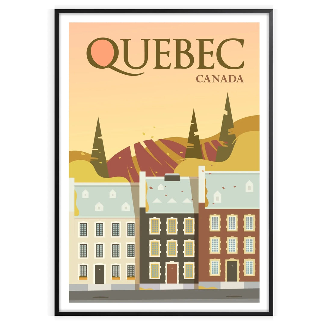 A serene landscape of Quebec featuring gray skies and green foliage