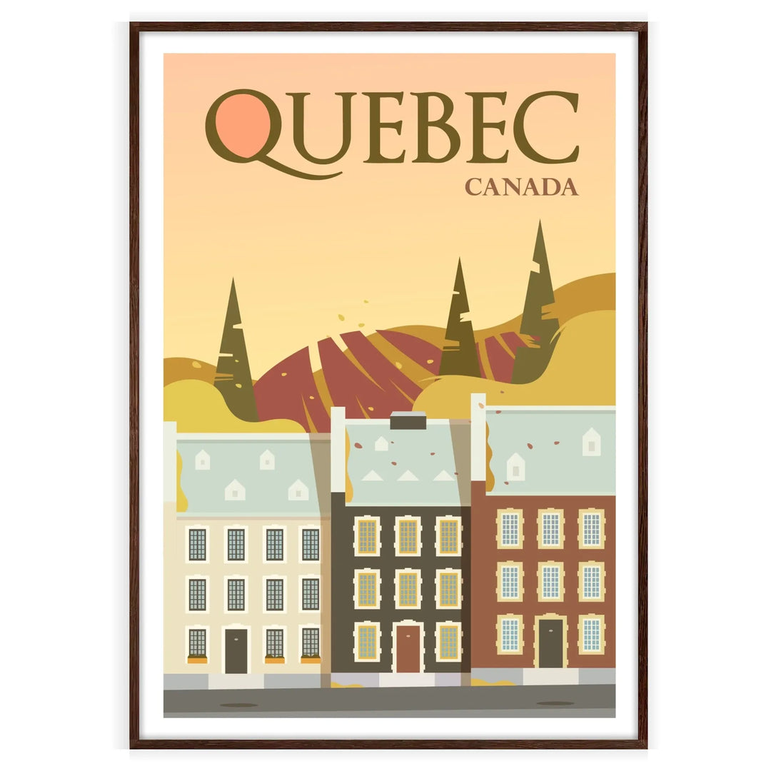 Uma paisagem serena de Quebec com céus cinzentos e folhagem verde - numa moldura de nogueira