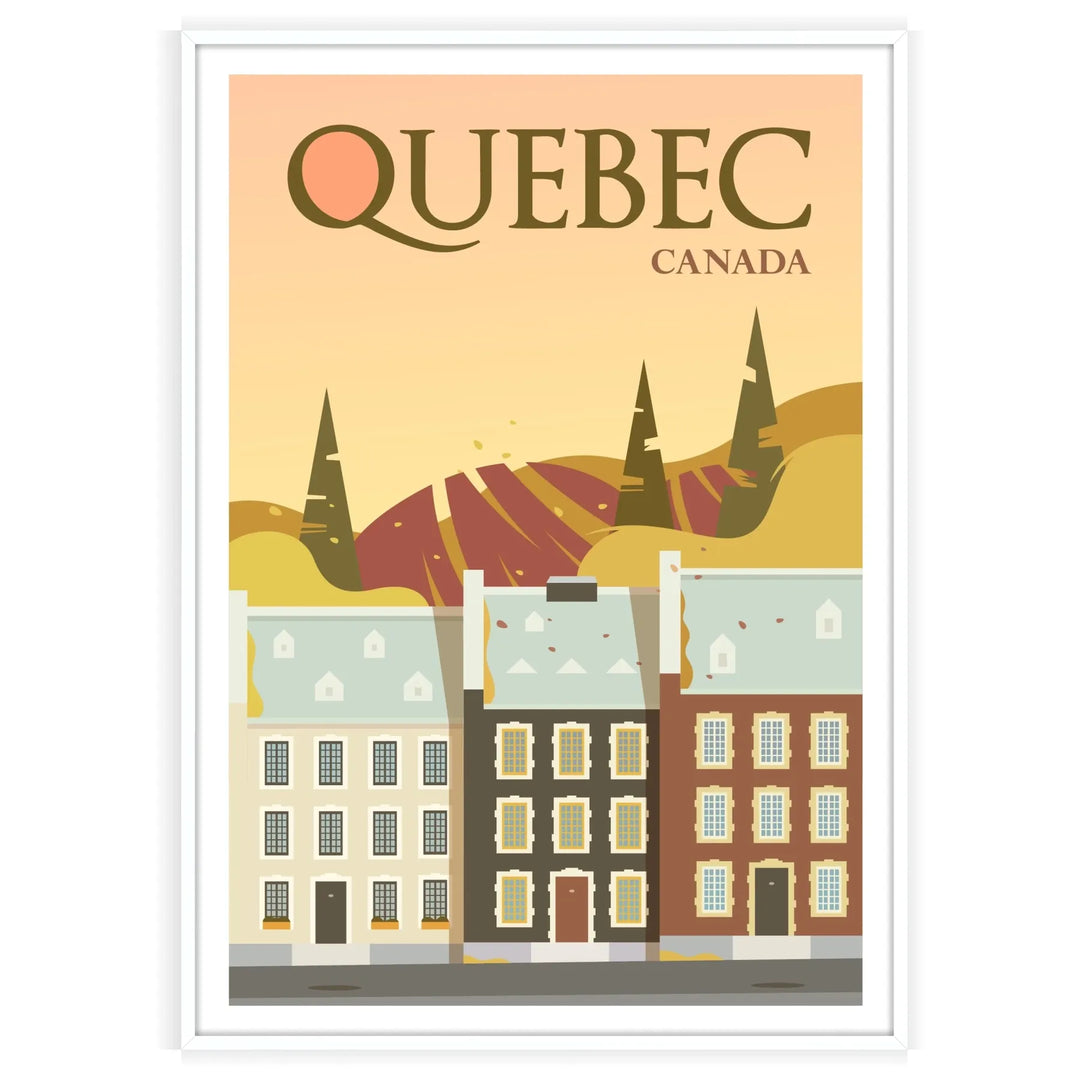 Uma paisagem serena de Quebec com céus cinzentos e folhagem verde - numa moldura branca