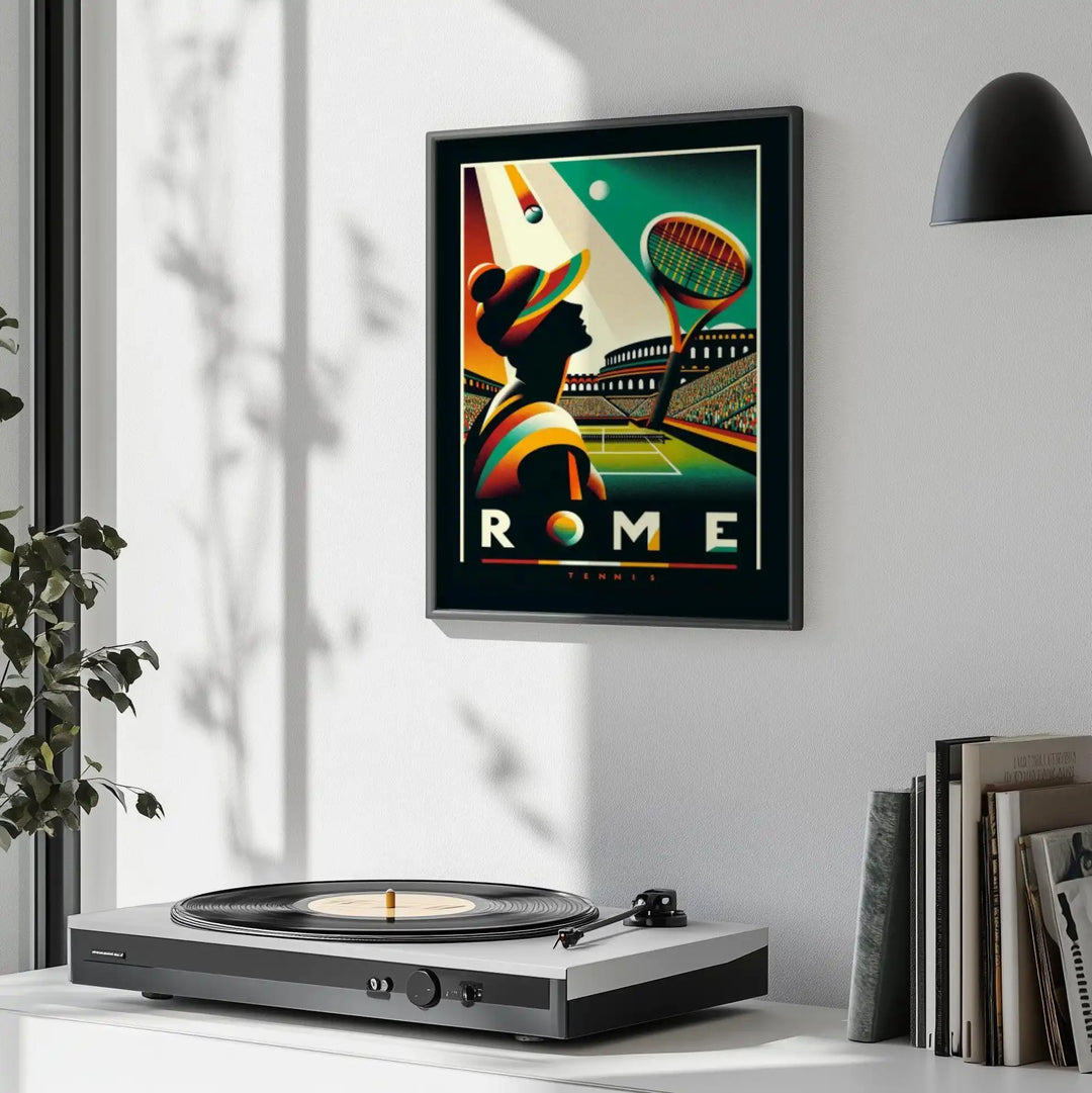 Art Deco style poster featuring a tennis player in Rome