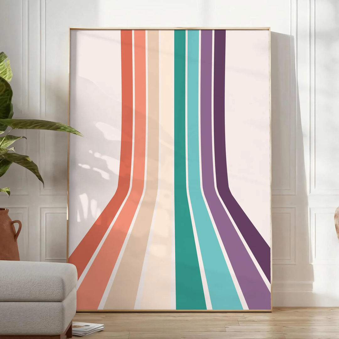 Design abstrato colorido apresentando um espectro de arco-íris em fundo cinza - num quarto luminoso e minimalista com planta e poltrona