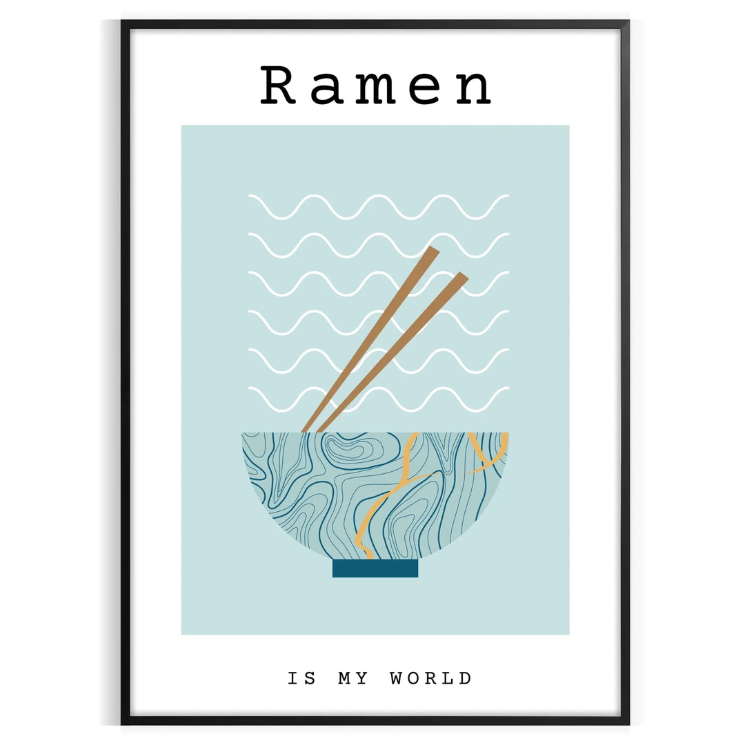 Illustration of a ramen bowl with green and blue hues in a kitchen setting