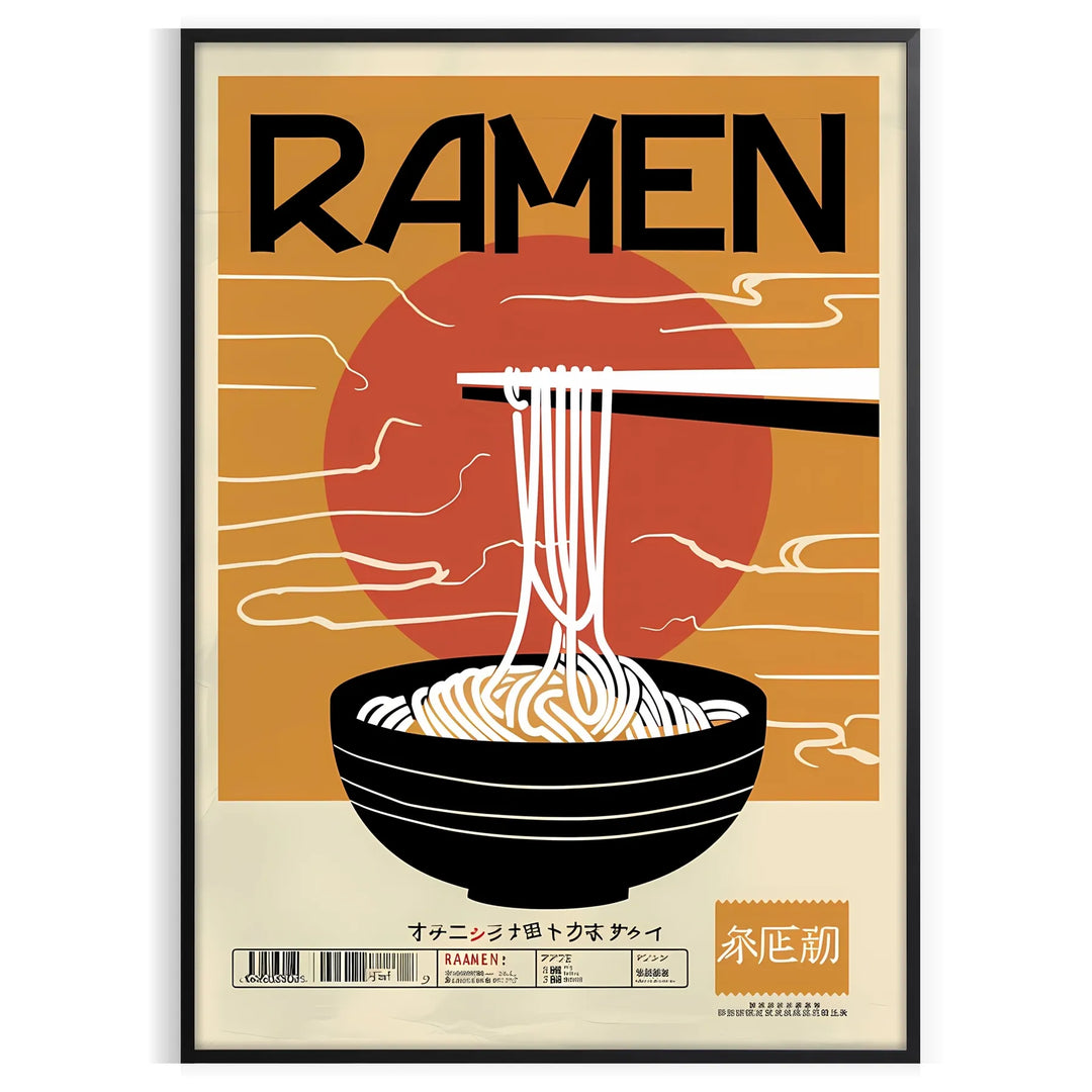 Illustration of a ramen kitchen with bold black and orange colors