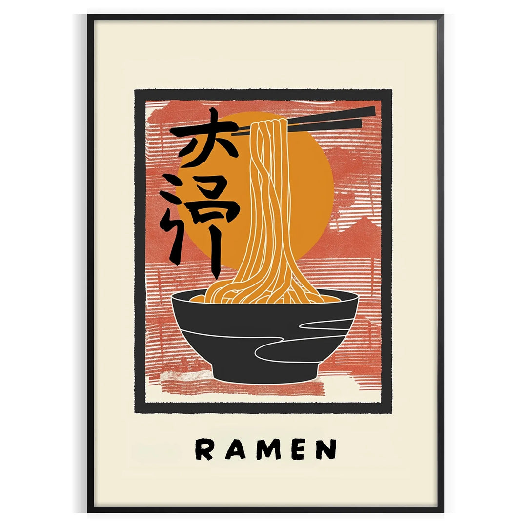 Illustration of a ramen kitchen with bold black and orange colors