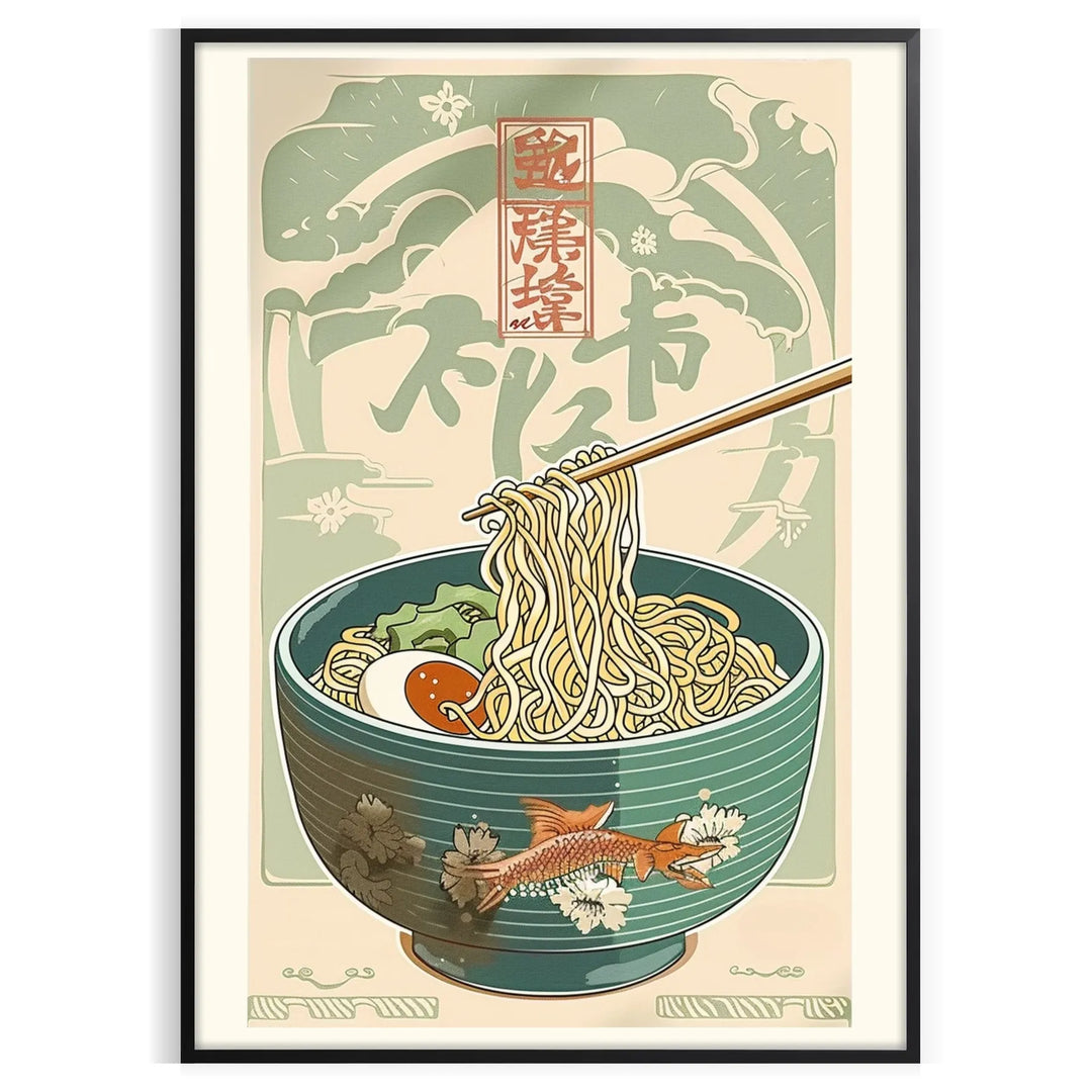 Illustration of a ramen bowl with chopsticks, featuring bold green and orange colors