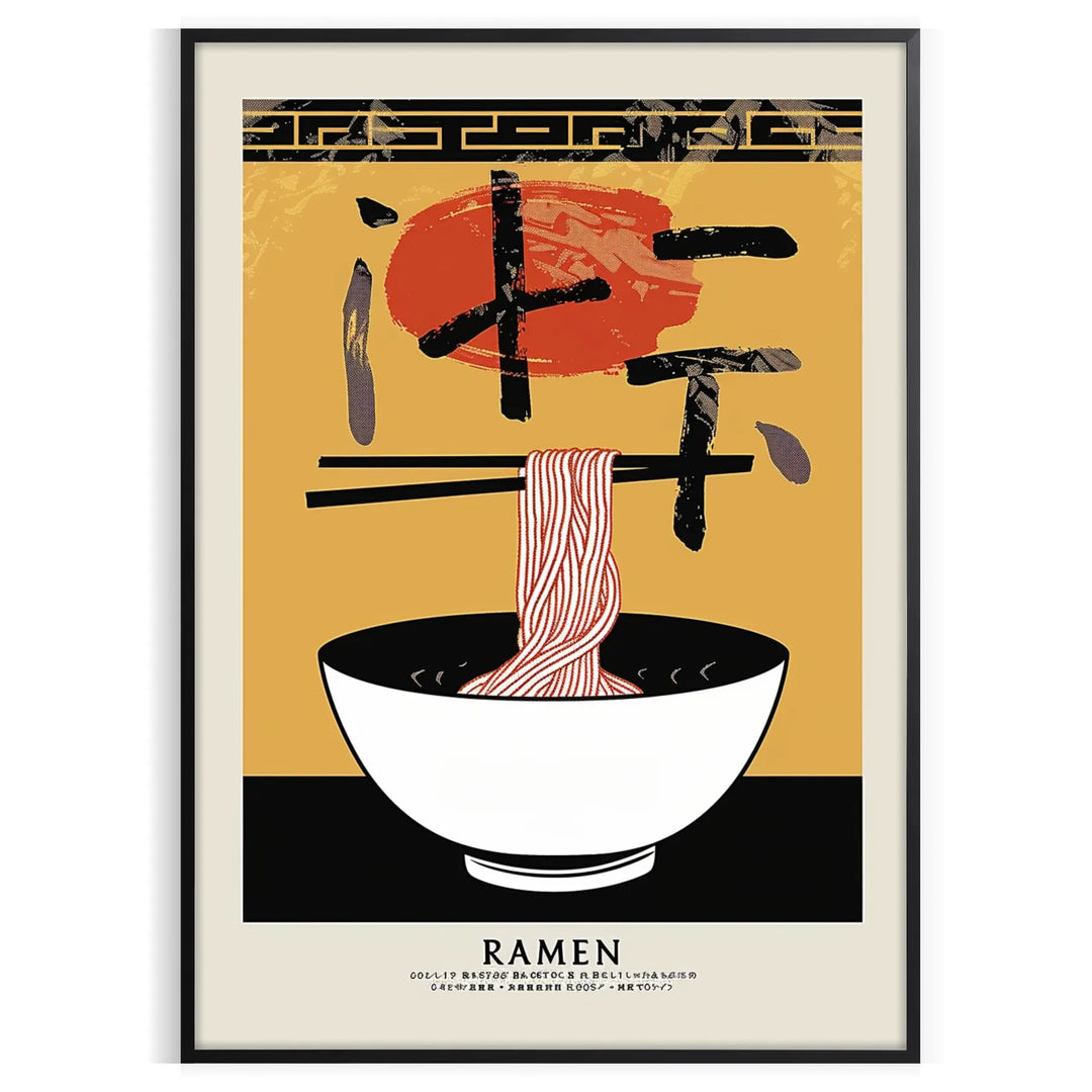 Illustration of a ramen bowl with steam, bold yellow and black colors