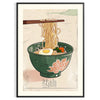 Ilustracja kuchni ramen w zielonych i pomarańczowych odcieniach - w czarnej ramie