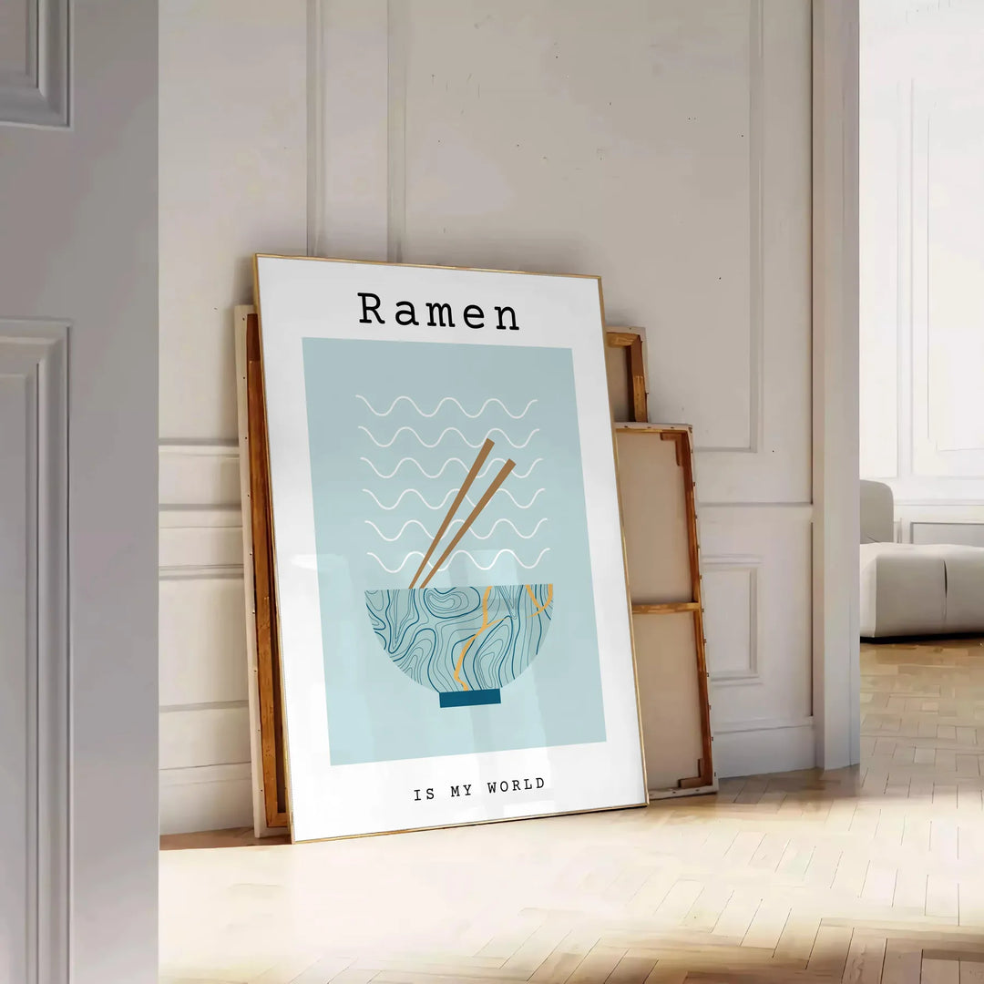art culinaire affiche vibrante nuances vert bleu idéal cuisine cadeau formats A4 cm A0 - posée sur un parquet à chevrons contre un mur à moulures