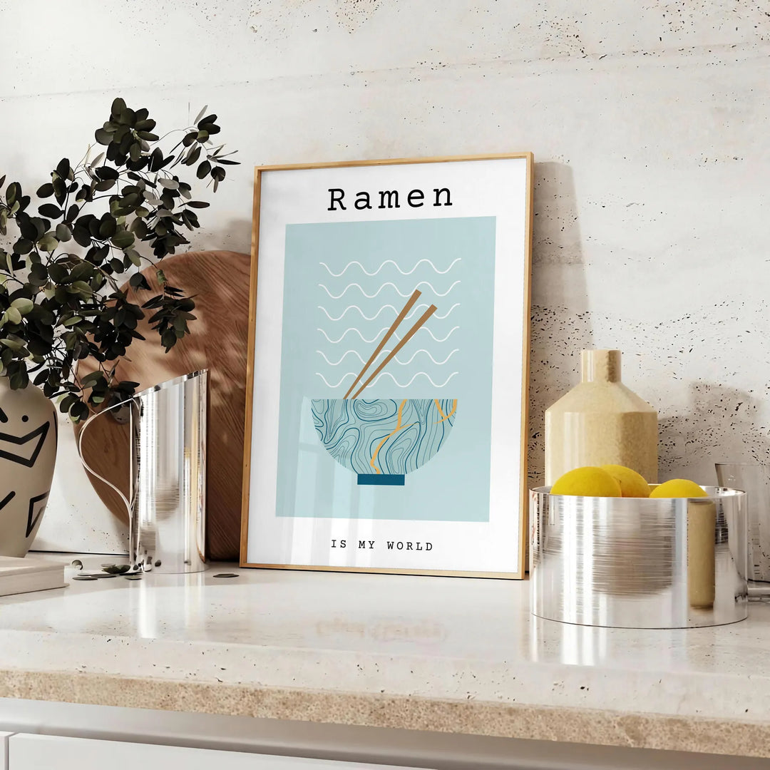 art culinaire affiche vibrante nuances vert bleu idéal cuisine cadeau formats A4 cm A0 - sur un plan de travail avec eucalyptus et coupe de citrons