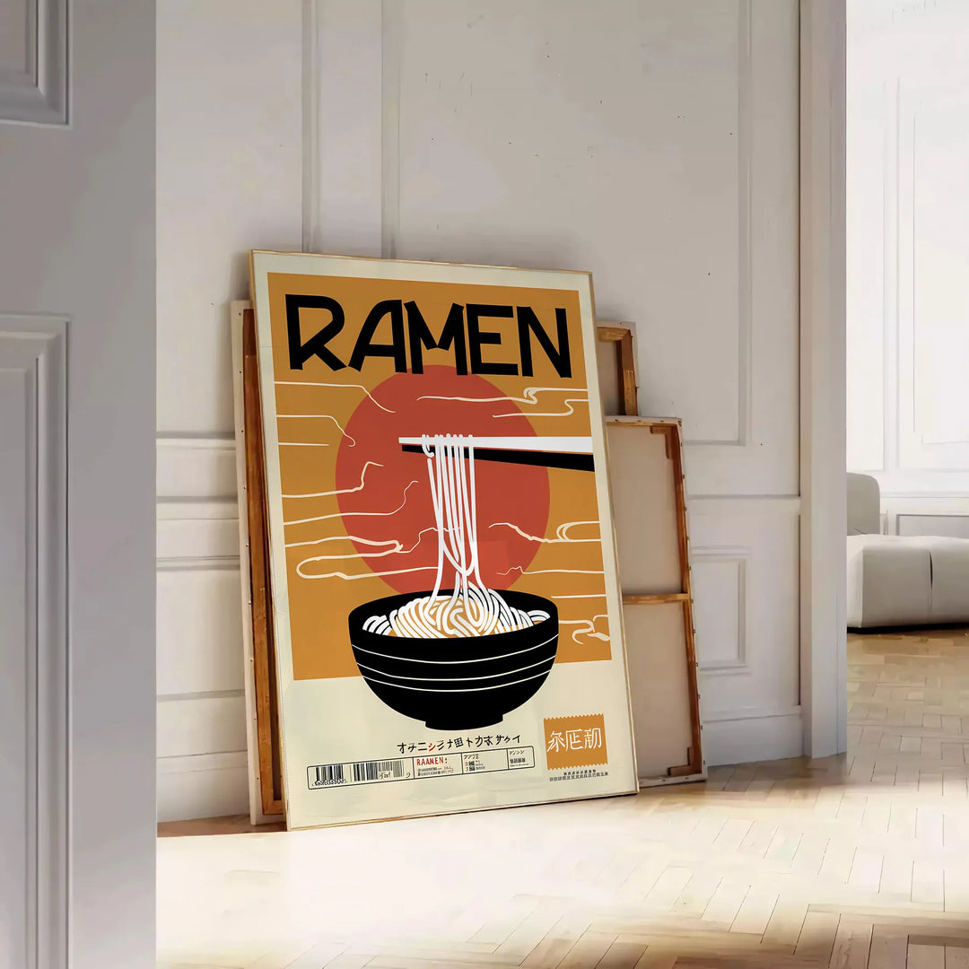 Illustrazione di una cucina di ramen con colori neri e arancioni vivaci - appoggiato su un pavimento a spina di pesce contro una parete a pannelli
