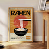 Illustrazione di una cucina di ramen con colori neri e arancioni vivaci - accanto a un tavolino rotondo in legno con libri