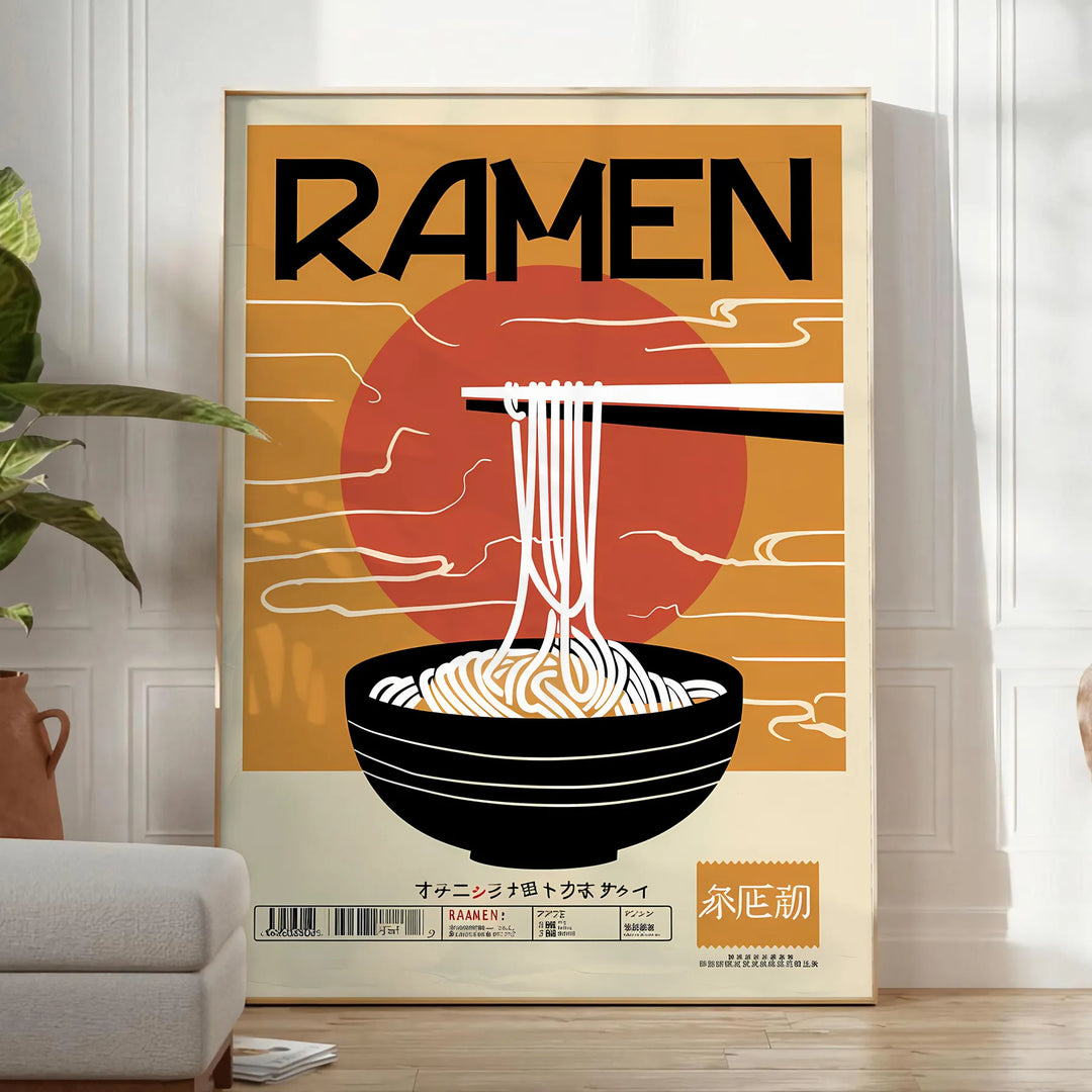 Illustrazione di una cucina di ramen con colori neri e arancioni vivaci - in una stanza luminosa e minimalista con pianta e poltrona
