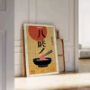 Illustration of a ramen kitchen with bold yellow and black colors - leaning on a herringbone floor against a white panelled wall