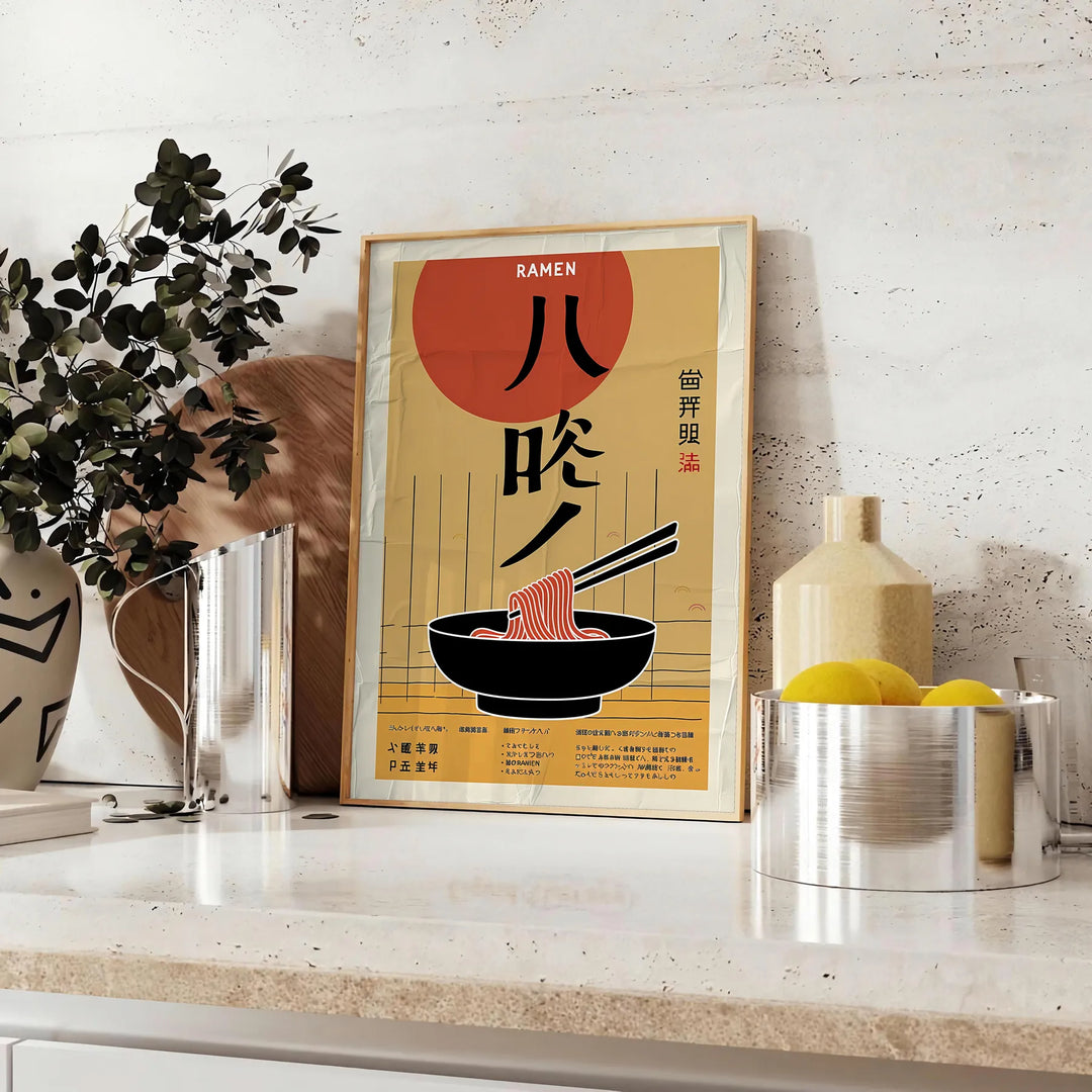Illustration of a ramen kitchen with bold yellow and black colors - styled on a counter with eucalyptus and a bowl of lemons