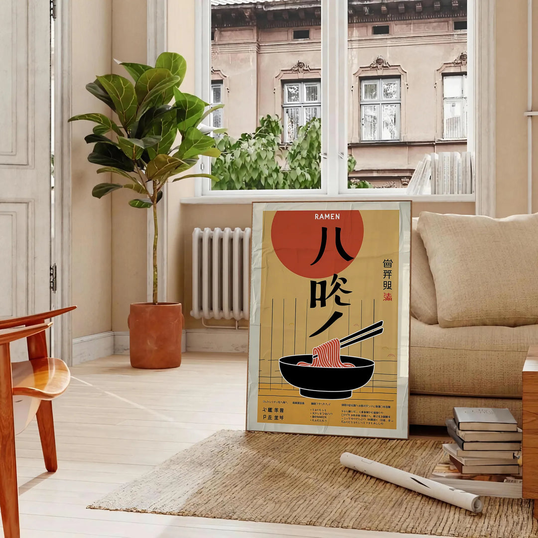 Illustration of a ramen kitchen with bold yellow and black colors - in a Parisian living room with a sofa and a fig plant