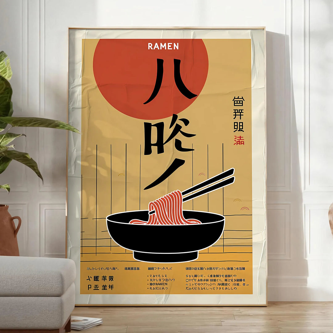 Illustration of a ramen kitchen with bold yellow and black colors - in a bright minimalist room with a plant and an armchair