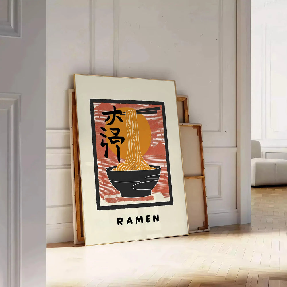 Illustration of a ramen kitchen with bold black and orange colors