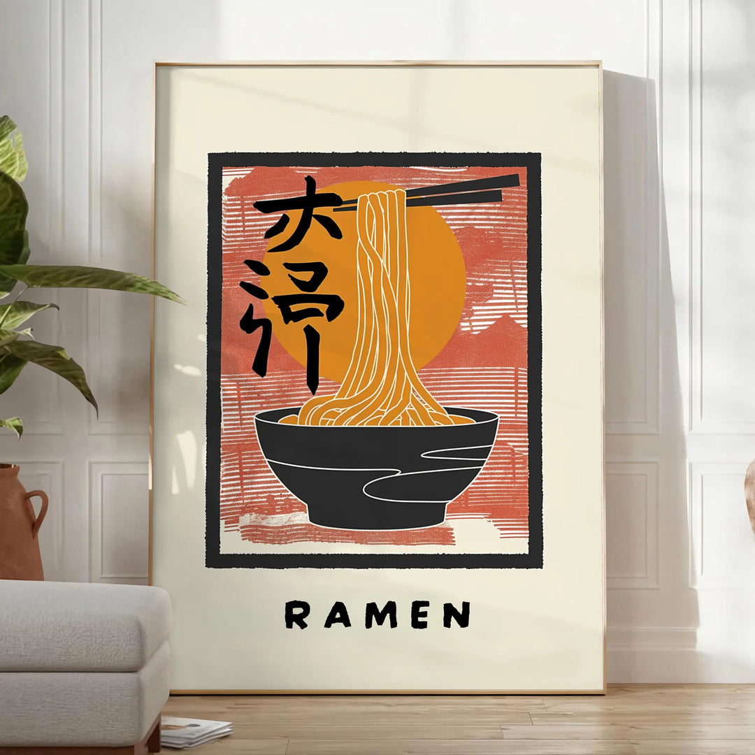 Illustration of a ramen kitchen with bold black and orange colors - in a bright minimalist room with a plant and an armchair