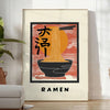Illustration of a ramen kitchen with bold black and orange colors - in a bright minimalist room with a plant and an armchair