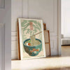 Illustration of a ramen bowl with chopsticks, featuring bold green and orange colors - leaning on a herringbone floor against a white panelled wall