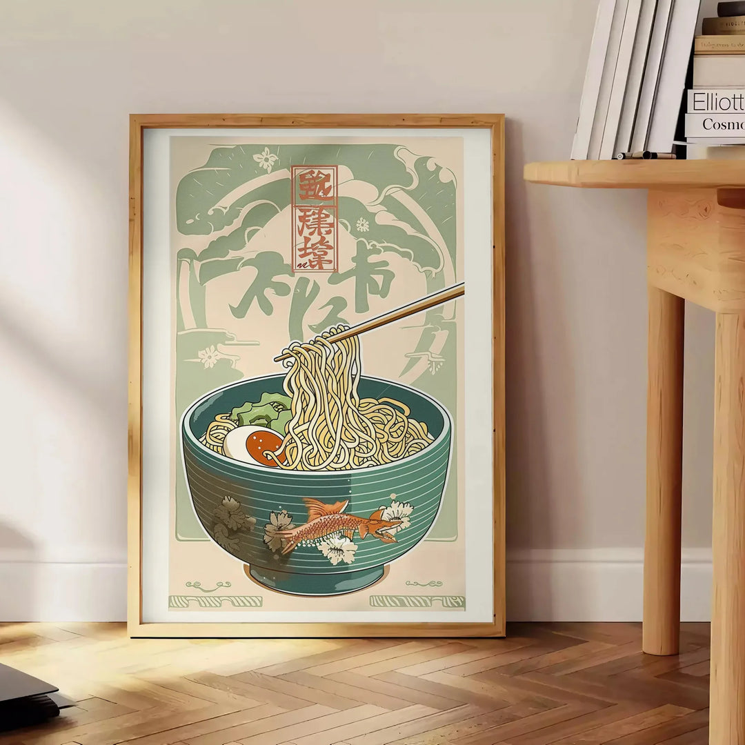 Illustration of a ramen bowl with chopsticks, featuring bold green and orange colors - beside a round wooden side table with books