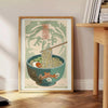 Illustration of a ramen bowl with chopsticks, featuring bold green and orange colors - beside a round wooden side table with books