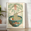 Illustration of a ramen bowl with chopsticks, featuring bold green and orange colors - in a bright minimalist room with a plant and an armchair
