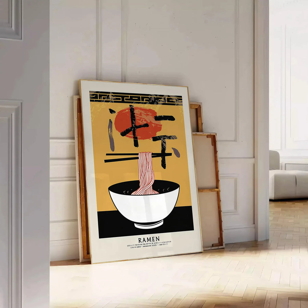 Illustration of a ramen bowl with steam, bold yellow and black colors - leaning on a herringbone floor against a white panelled wall