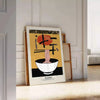 Illustration of a ramen bowl with steam, bold yellow and black colors - leaning on a herringbone floor against a white panelled wall