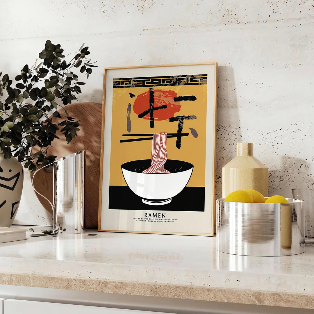 Illustration of a ramen bowl with steam, bold yellow and black colors - styled on a counter with eucalyptus and a bowl of lemons