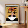 Illustration of a ramen bowl with steam, bold yellow and black colors - beside a round wooden side table with books