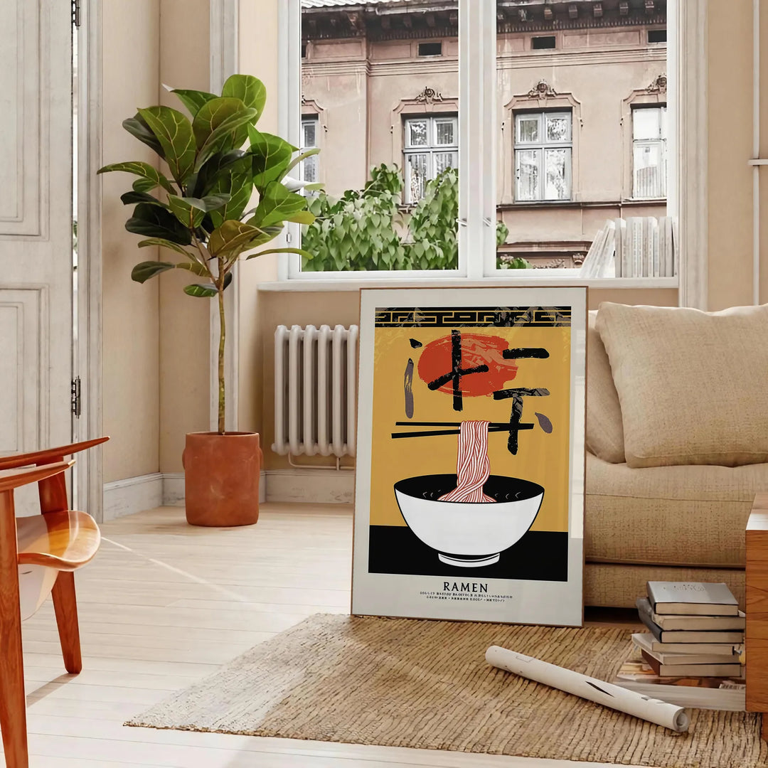 Illustration of a ramen bowl with steam, bold yellow and black colors - in a Parisian living room with a sofa and a fig plant