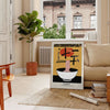 Illustration of a ramen bowl with steam, bold yellow and black colors - in a Parisian living room with a sofa and a fig plant