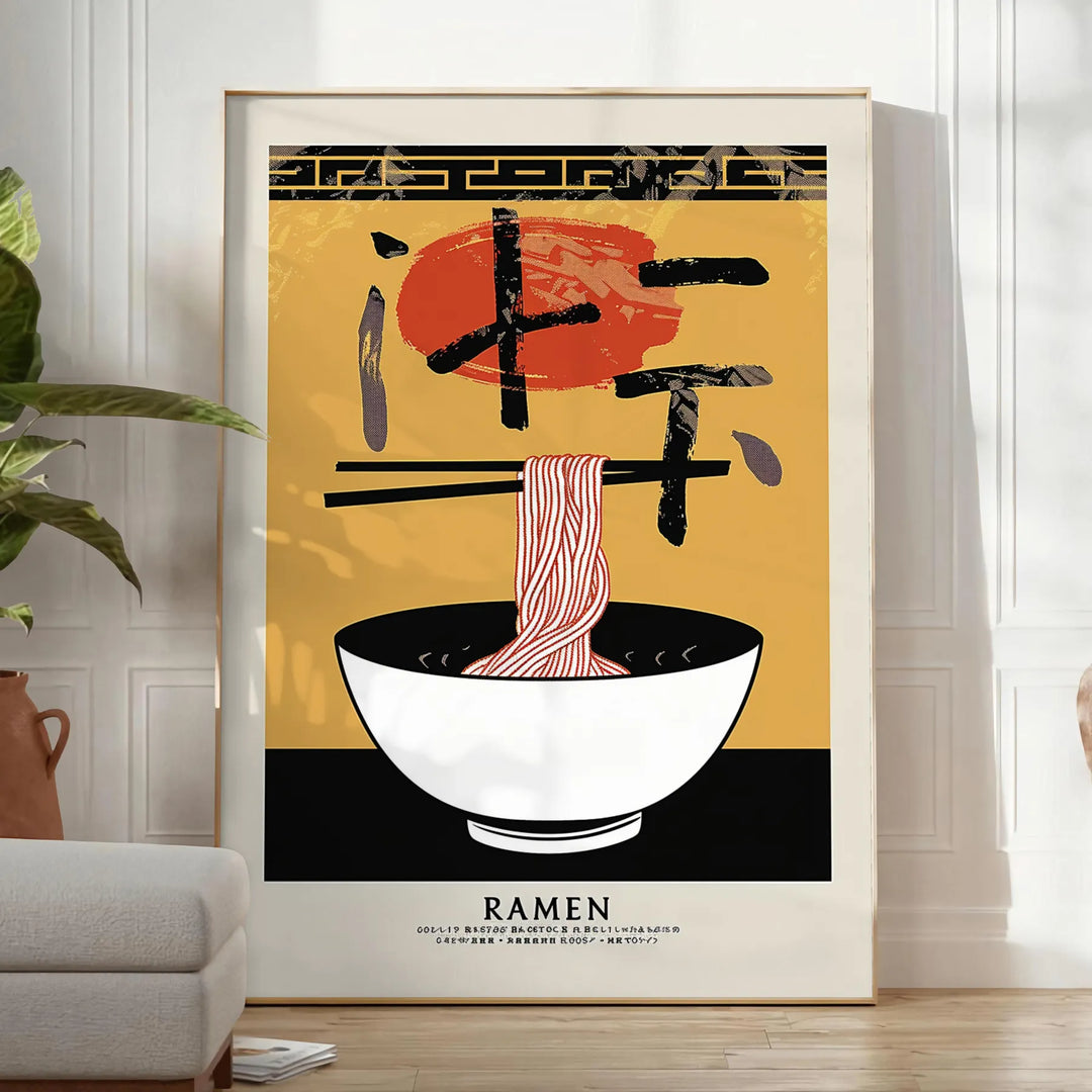 Illustration of a ramen bowl with steam, bold yellow and black colors - in a bright minimalist room with a plant and an armchair